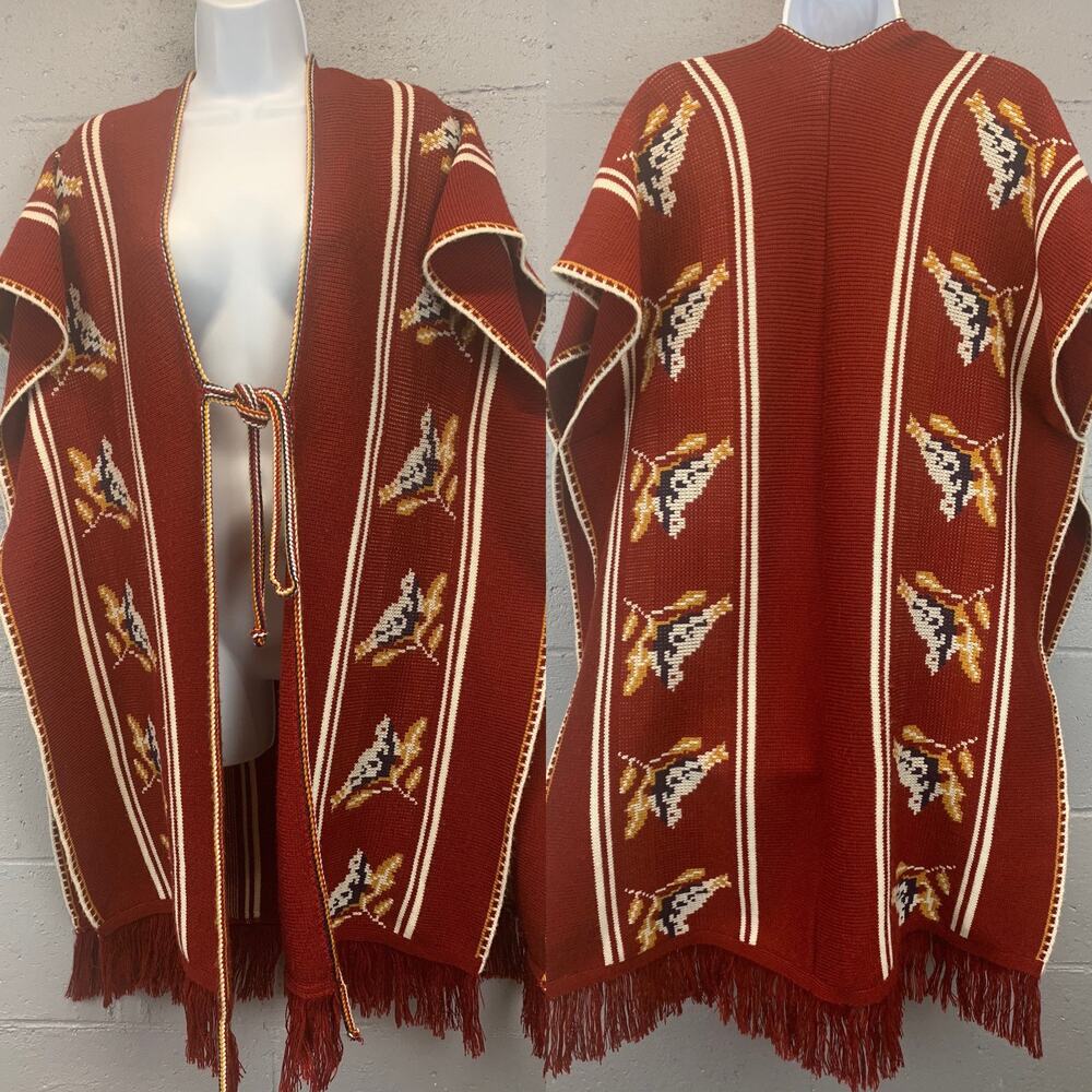 Vtg 70s Knit Poncho Fringe Bluebirds Maroon Red Free Size Poncho Hippie Boho